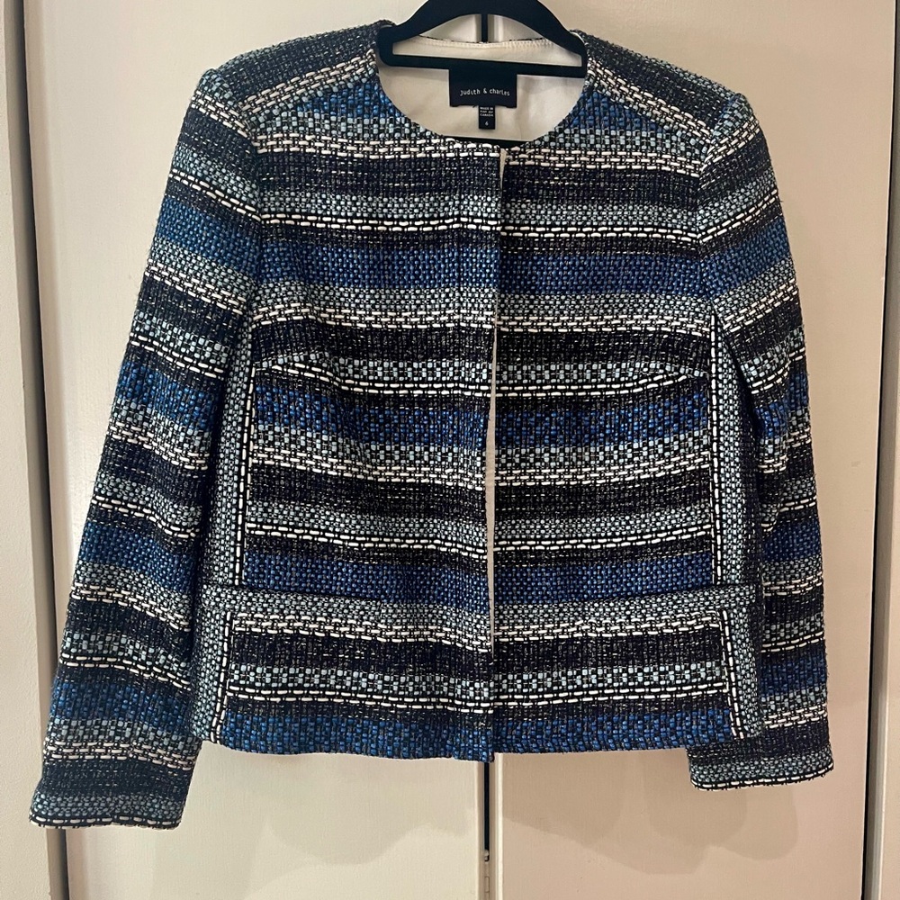 Black, Blue and White Striped Blazer with Textured Fabric